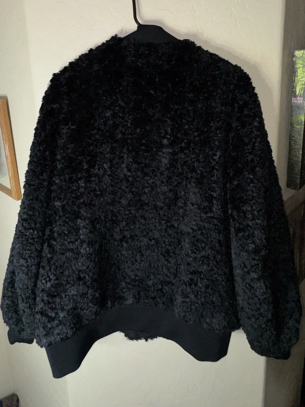 COS Black Faux Fur Teddy Bomber Jacket Zip Front Oversized Textured Coat - Picture 2 of 8